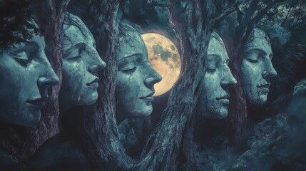 Stone faces merge with trees, moonlit night.