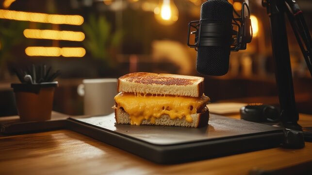 Grilled cheese sandwich hosts a lively podcast conversation wearing tiny headphones at a modern desk adorned with rustic props