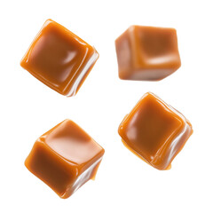 Caramel cubes flying in air isolated on white background. Set of delicious caramel candies floating isolated on white background. caramel cubes. 