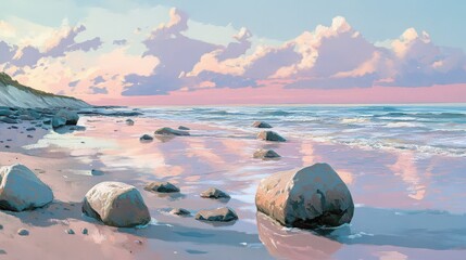A serene beach scene featuring rocks scattered on the sand with a pastel sky and calm ocean view