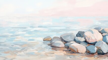 An impressionist style painting of rocks on a beach with a calm ocean and light sky background
