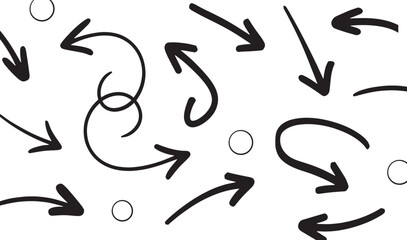 A collection of Random black arrows in various styles and directions, including straight, curved, wavy, and zigzag patterns, scattered on a white background