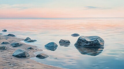 Calm ocean water with rocks on the shore under a pastel colored sky at dusk creating a serene scene