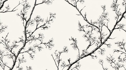 Elegant black and white cherry blossom branches pattern