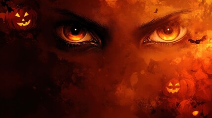 Halloween themed illustration with glowing eyes, bats, and jack o lanterns on an orange background. Festive, spooky design for holiday concepts and seasonal promotions.