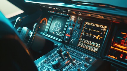 Naklejka premium Experience the elegance and precision of a high-end private jet cockpit featuring a sleek control panel with ambient lighting creating an atmosphere of luxury and sophistication