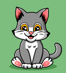 A charming gray cat sitting with a funny, adorable face. Cartoon vector style featuring clean outlines, soft shading, and a playful expression perfect for children’s content.
