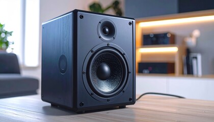 Modern Audio Speaker on Wooden Table in Stylish Living Room Setting