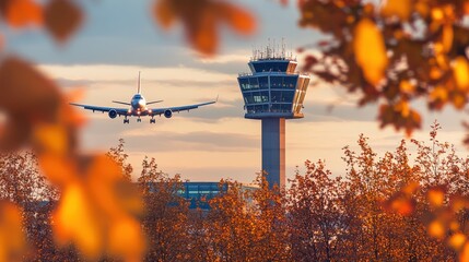 Autumn sunset, plane landing, airport tower, foliage