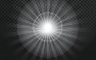 Realistic vector graphic of a bright light source or starburst with rays and halo effect. Isolated design element perfect for overlays, backgrounds, effects, or abstract design projects. 