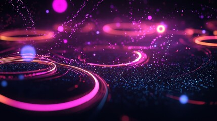 Abstract background with glowing pink circles and sparkling particles. Modern backdrop with vibrant colors and dynamic light effects for technology or futuristic themes.
