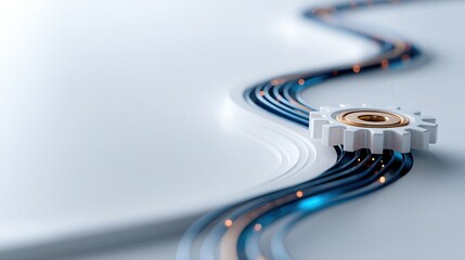 Explore a sleek circuit path through a gear icon in a white void, representing business technology and operational efficiency