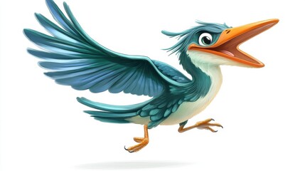 Fototapeta premium Energetic blue cartoon bird with wide wingspan and open beak mid-flight expression