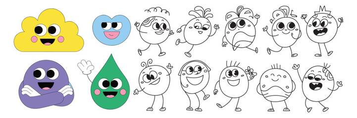 Cute colorful cartoon monster collection with funny faces and characters