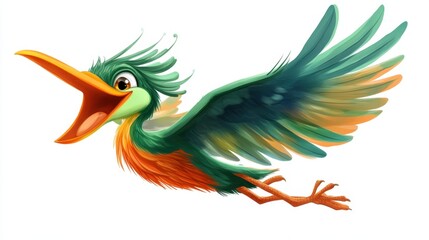 Fototapeta premium Bright colorful cartoon bird with spiky feathers flying joyfully with open beak expression