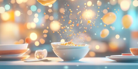 Colorful Cereal Falling Into Bowl at Breakfast
