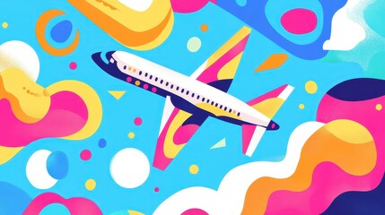 Vibrant illustration of an airplane in flight against a blue sky, surrounded by colorful abstract shapes, circles, and cloud like forms, creating a playful and dynamic travel theme.