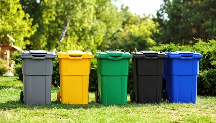 Colorful Recycling Bins in Garden.