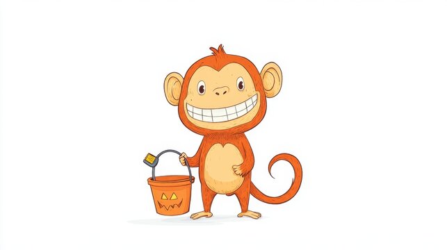 A cartoon monkey grinning widely while holding a Halloween pumpkin bucket for trick-or-treating