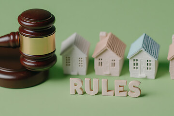 Property Law: Gavel, Toy Houses, and the Word 'RULES' on a green background symbolizing real estate law, regulations, and housing market legality.