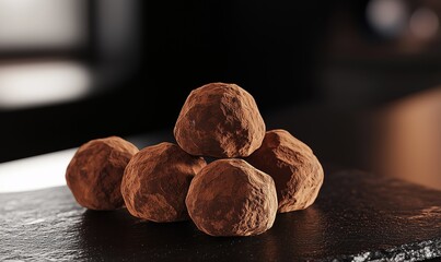 A hyper-realistic macro shot of several truffles standing on a slate slab in a pitch-black room. Created with: Macro lens, ultra-high resolution, surface reflections, diffused lighting, photorealism, 