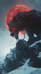 A terrifying black wolf with glowing red eyes stands on snowy rocks beneath a vivid blood moon, evoking horror and fantasy.
