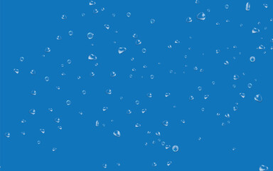 Realistic vector background texture featuring scattered water droplets of various sizes on a blue surface. Perfect for themes of water, rain, condensation, cleanliness, or freshness.