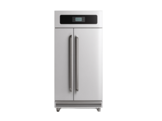 A silver refrigerator with a digital screen on the door