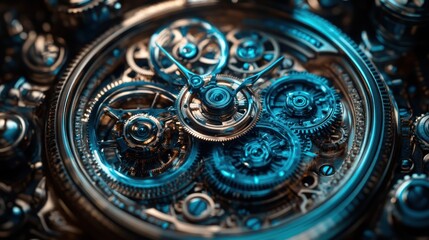 Close-up intricate watch mechanism, gears, blue tones, dark background, luxury advertising