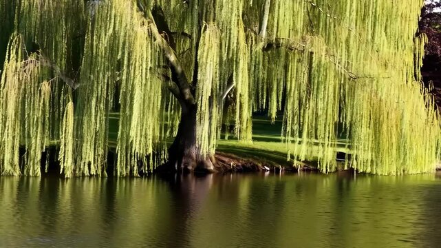 Willow tree with bright green weeping branches casting reflections in a tranquil pond on a sunny day in the spring season
