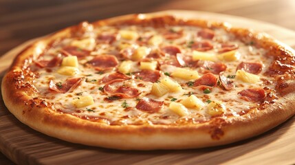 Delicious pizza topped with ham and pineapple served on a wooden board under warm lighting.