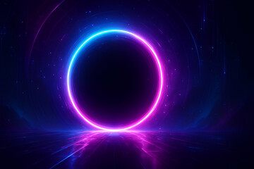 Vibrant neon circle in dark space background.