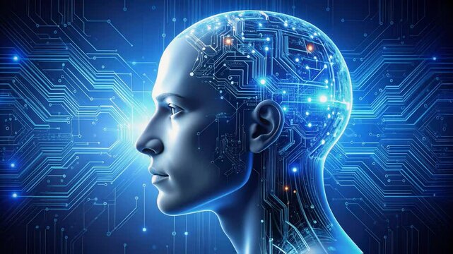 Portrait of human robot face, AI deepfake recognition technology with facial distortion effect, algoritma and data code background, AI and human collaboration concept. 4K seamless loop videos.