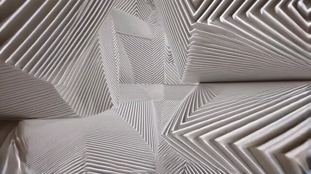 Abstract geometric patterns formed with white paper structures and linear designs creating optical illusions for modern background usage.