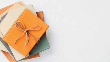 Stack of books with autumn colors, and white background.