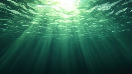 Mystical underwater scene with shafts of sunlight piercing through the green ocean depths, creating a serene atmosphere.