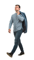 Side view of a proud young businessman carrying his jacket on his back over the shoulder, walking confident isolated on transparent background