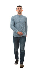 Full length portrait of a smiling man walking isolated on transparent background