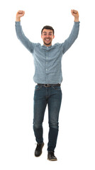 Full length portrait of a cheerfull young man celebrating as raising hands up like a winner...