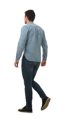 Fototapeta na wymiar Full length rear view portrait of a young businessman walking isolated on transparent background