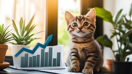 Playful Kitten in Bright Room with Plant and Growth Chart Visuals