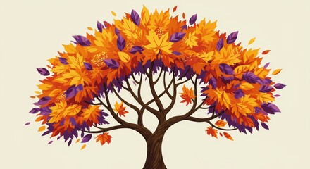 Autumnal Tree Illustration: Vibrant Leaves - Symbolizing change, growth, autumn, nature, and tranquility; an illustration of a stylized tree with orange and purple leaves against a beige background