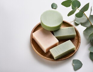 Handmade eucalyptus soaps with eucalyptus leaves  on white table with copy space..Generated image