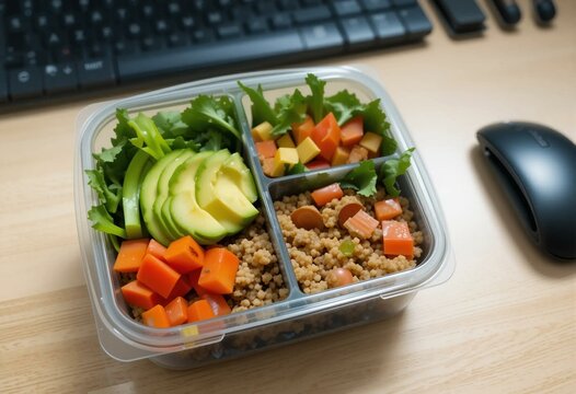 Balanced lunch in a plastic meal prep container placed on an office desk. The box includes couscous, avocado, carrots, mixed vegetables, and greens &mdash; a fresh and nutritious option for busy workdays