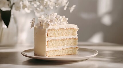 Delicate vanilla layer cake elegantly adorned with micro floral accents showcasing high-end pastry artistry in soft natural lighting
