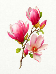 Naklejka premium Pink Magnolia Blossom Watercolor Painting on White Background