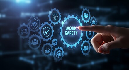 Finger Touching Work Safety Concept with Gear Icons and Blue Digital Interface