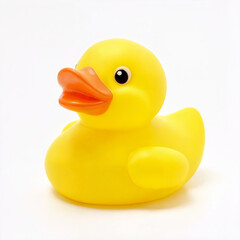 Cute yellow rubber duck toy with an orange beak and big eyes, placed on a white background, commonly used for baby baths or playtime.