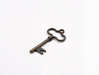 Vintage metal key with an ornate bow and classic shape, displayed on a white background, symbolizing history, mystery, or unlocking.