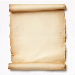 Aged parchment scroll with curled edges and a blank center, evoking a vintage or historical look on a white background.
